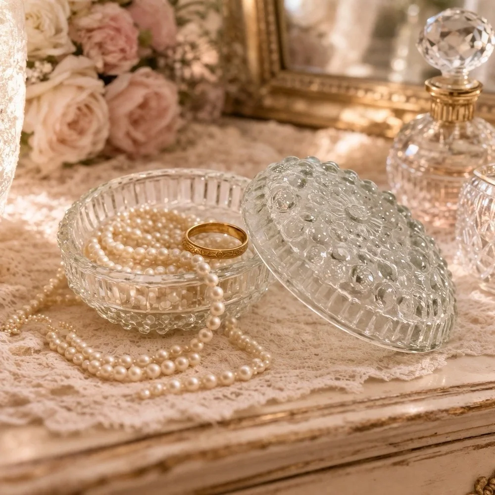 VTG Clear‎ Glass Hobnail Trinket Box W/ Lid Cottagecore Decor Jewelry Holder